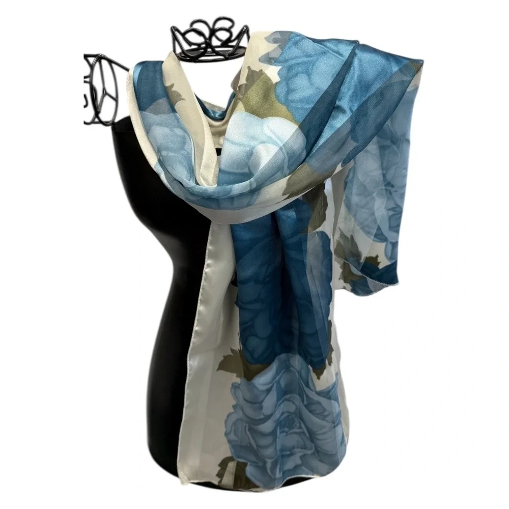 AW Items‎ Womens Floral Scarf Wrap Blue White Polyester Silk Feel With Flaws